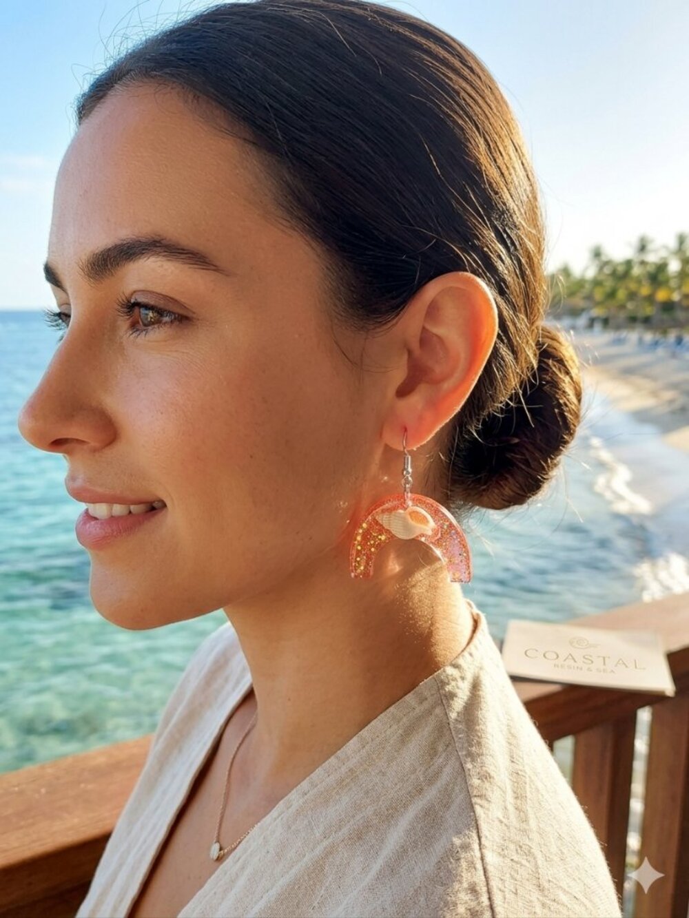 Handmade Crescent Moon Shell Earrings | Pink Sparkle Resin | Coastal Beach Jewel